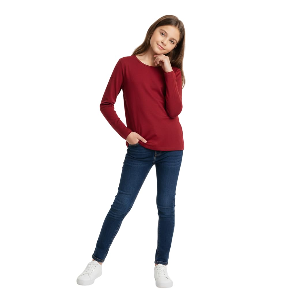 Kids Girls Boys New Plain Long Sleeve Basic Stretch Round Neck T-Shirt School Tee Top Size 2-13 Years