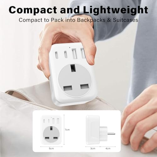 2 Pack UK To European Plug Adapter, 5 IN 1 European Travel Adaptor with 2 USB C & 2 USB A, EU Plug Adapter for Germany Spain France Turkey Greece etc (Type E/F)