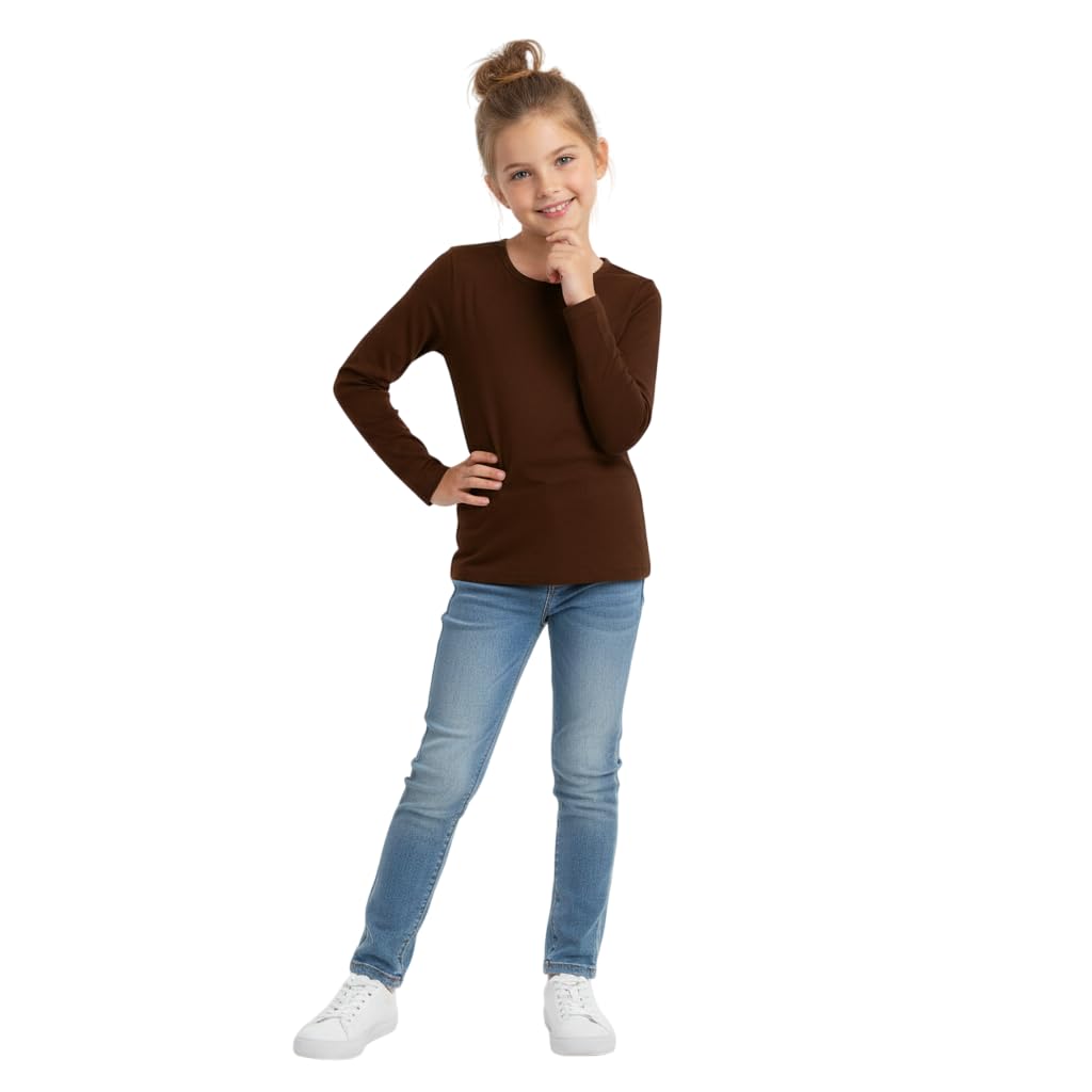 Kids Girls Boys New Plain Long Sleeve Basic Stretch Round Neck T-Shirt School Tee Top Size 2-13 Years