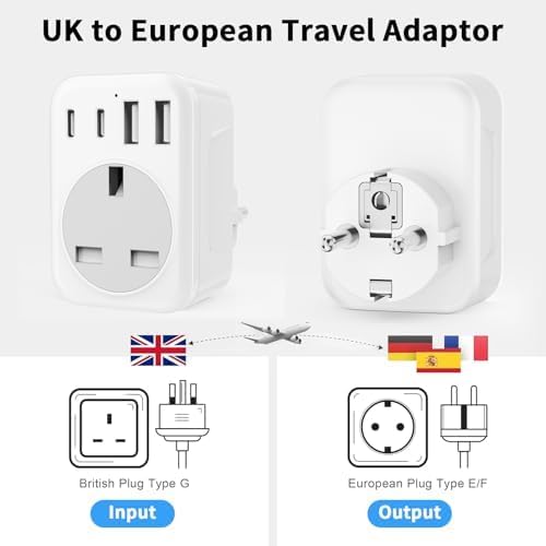 2 Pack UK To European Plug Adapter, 5 IN 1 European Travel Adaptor with 2 USB C & 2 USB A, EU Plug Adapter for Germany Spain France Turkey Greece etc (Type E/F)