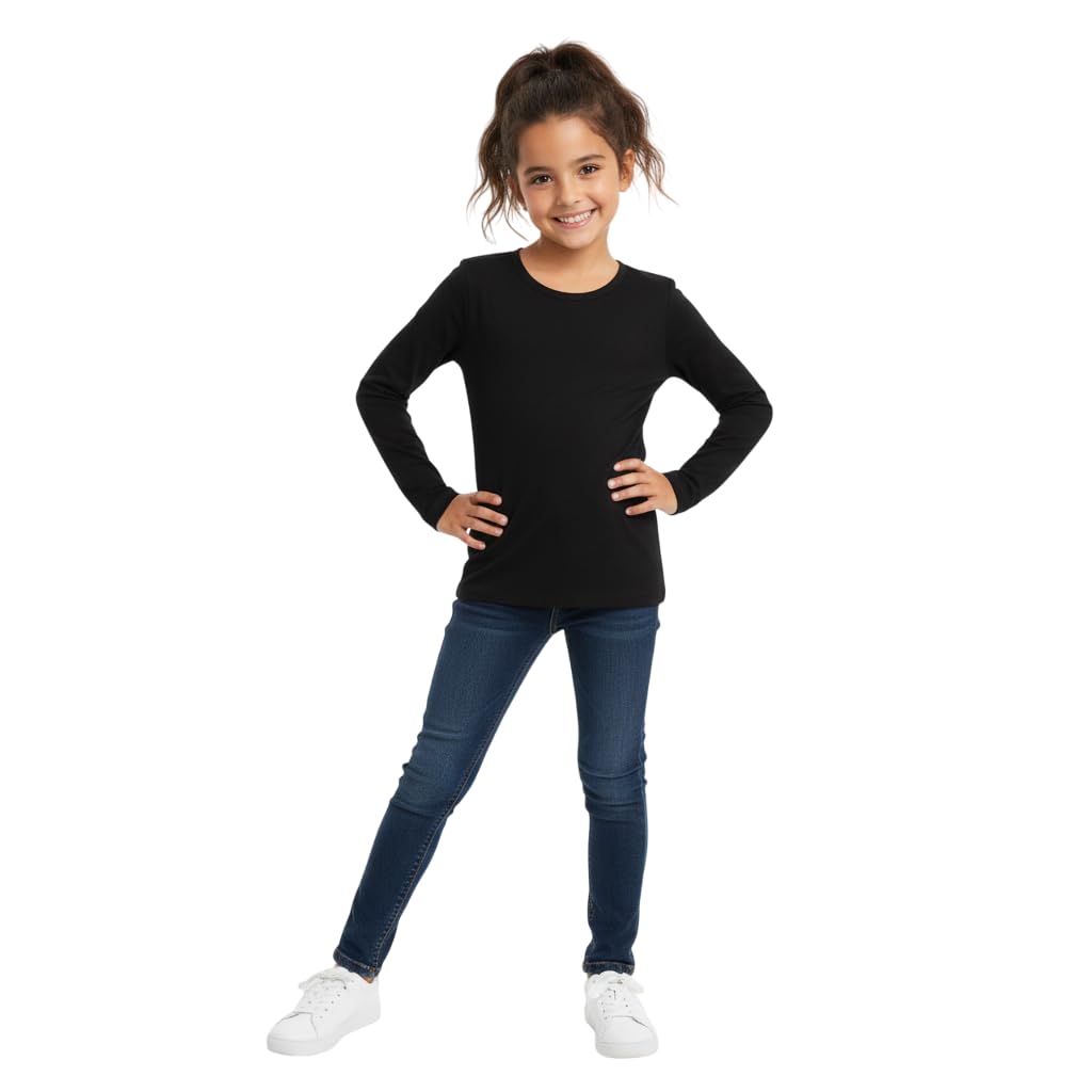 Kids Girls Boys New Plain Long Sleeve Basic Stretch Round Neck T-Shirt School Tee Top Size 2-13 Years