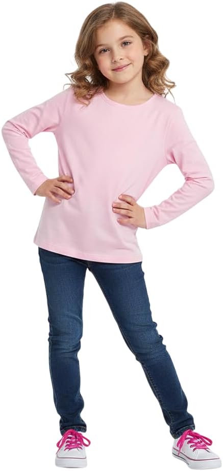 Kids Girls Boys New Plain Long Sleeve Basic Stretch Round Neck T-Shirt School Tee Top Size 2-13 Years