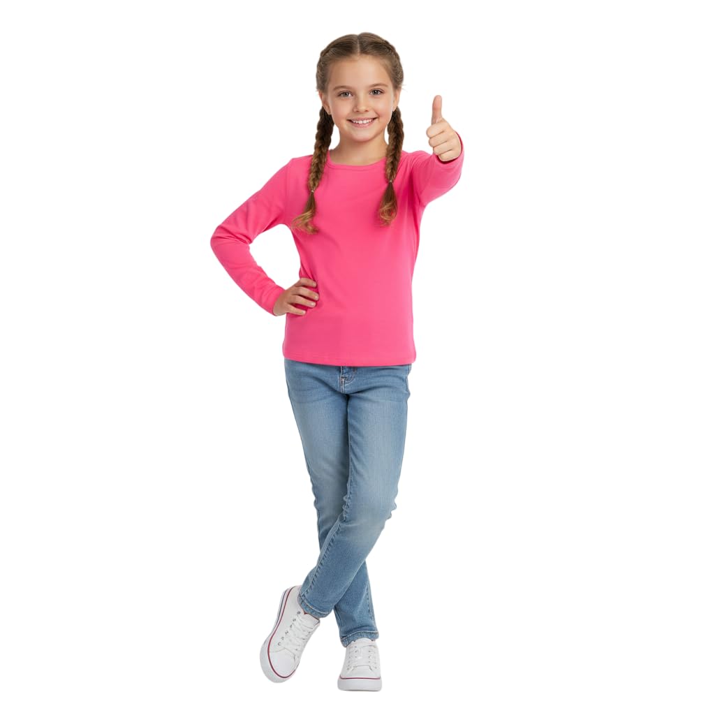 Kids Girls Boys New Plain Long Sleeve Basic Stretch Round Neck T-Shirt School Tee Top Size 2-13 Years