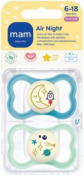 MAM Original Glow-in-the-Dark Dummies, 6-18M, 2 Pack, Orthodontic Design