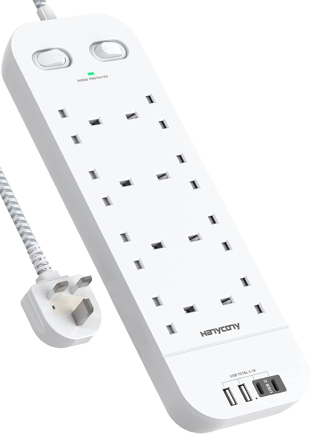 Black Extension Lead, 8 Way Outlets Power Strip with 4 USB Slots (2 USBC)