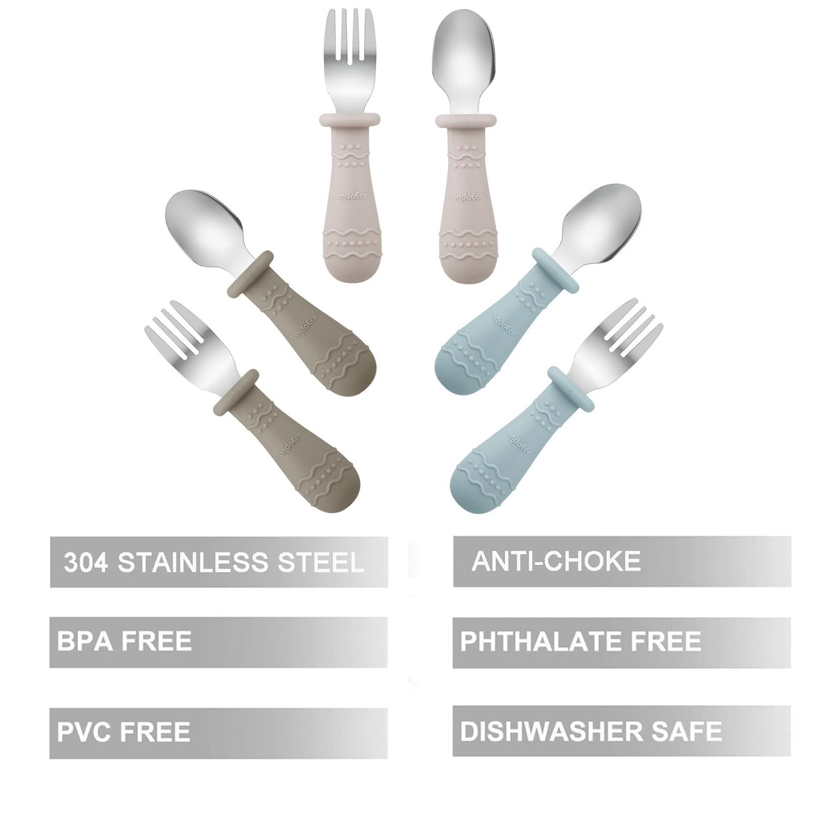 PandaEar 6 Pack Toddler Cutlery Set| Baby Fork and Spoon Set| Stainless Steel Childrens Kids Cutlery| Baby Cutlery Self Feeding 12 Months Plus with Silicone Holding Anti-Choke Design (Blue/Brown/Red)