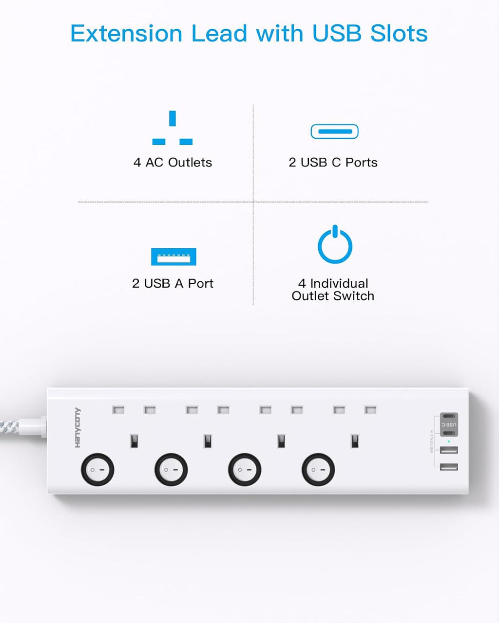 Extension Lead with USB Slots(2 USB C), 4 Way Plug Extension Socket, 1.8M