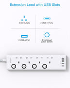 Extension Lead with USB Slots(2 USB C), 4 Way Plug Extension Socket, 1.8M