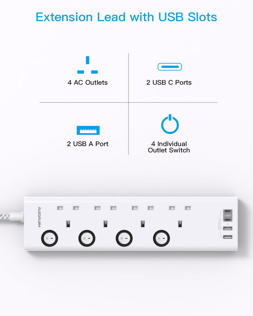 Black Extension Lead with 4 USB Slots(2 USB C), 4 Way Plug Extension Socket