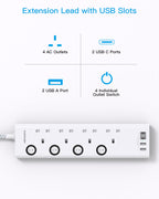 Black Extension Lead with 4 USB Slots(2 USB C), 4 Way Plug Extension Socket