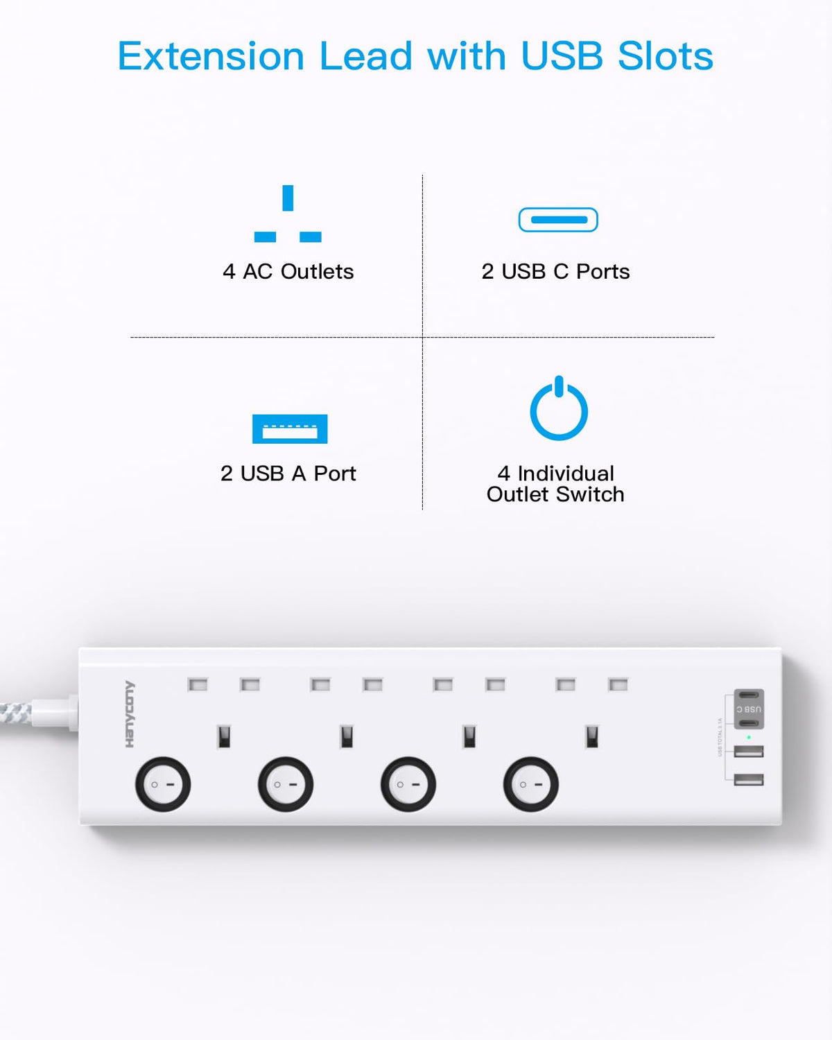Black Extension Lead with 4 USB Slots(2 USB C), 4 Way Plug Extension Socket