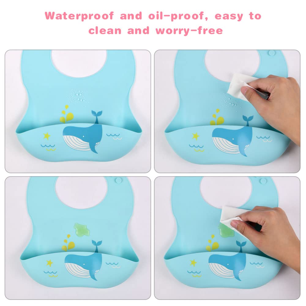 Vicloon Silicone Baby Bib, Baby Weaning Bibs, Waterproof Baby Feeding Bibs Adjustable with Wide Food Catcher Pocket Unisex Toddler Bibs