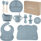Yum Yum's Baby 10 Pcs Blue Weaning Set - Complete Toddler Feeding Kit w/Sectioned Plate, Suction Bowls, Cutlery with Mouth Guard, Straw Cup, Bib & Mat - Non-Slip - for Toddlers & Baby Gift