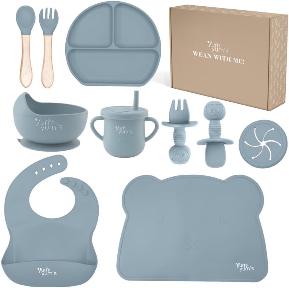 Yum Yum's Baby 10 Pcs Blue Weaning Set - Complete Toddler Feeding Kit w/Sectioned Plate, Suction Bowls, Cutlery with Mouth Guard, Straw Cup, Bib & Mat - Non-Slip - for Toddlers & Baby Gift