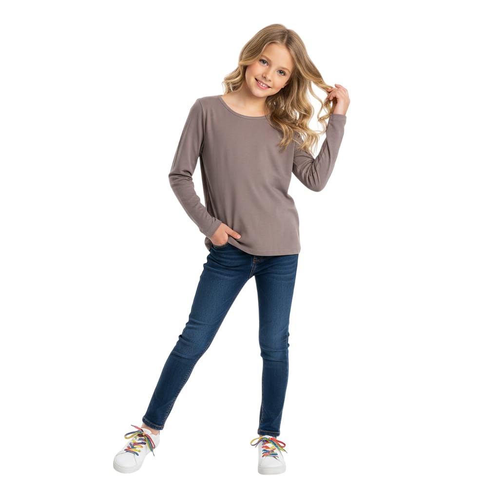 Kids Girls Boys New Plain Long Sleeve Basic Stretch Round Neck T-Shirt School Tee Top Size 2-13 Years