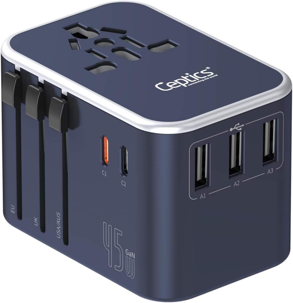 Ceptics 45W Universal Travel Adapter w/ 3 USB-A, 2 USB-C & Universal Input