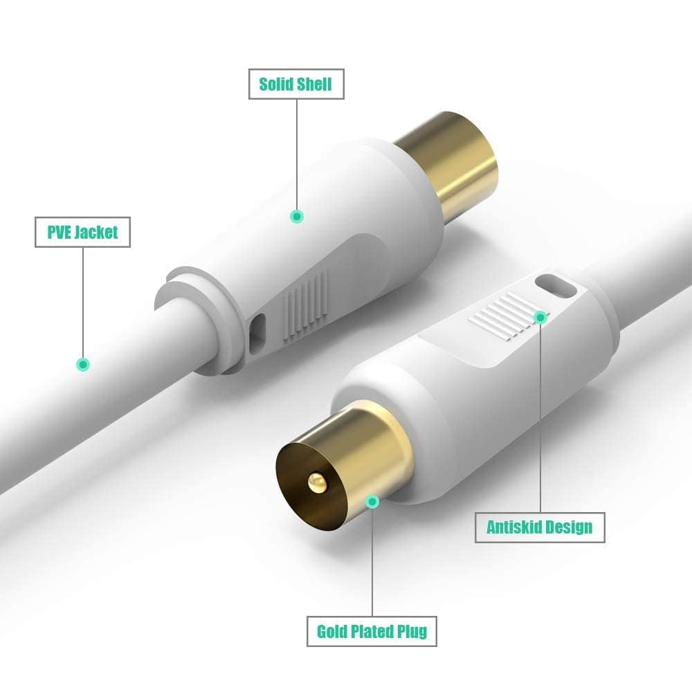 Ancable TV Aerial Cable with Coaxial Adapter 1M White TV Ariel Lead