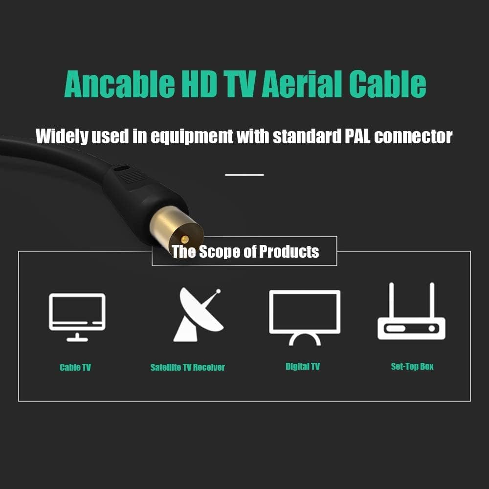 Ancable TV Aerial Cable with Coaxial Adapter 1M White TV Ariel Lead