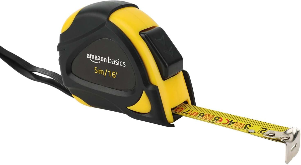Amazon Basics Self-Locking Tape Measure with Metric Scale, MID Accuracy, 5 m (1-Pack), Black, Yellow