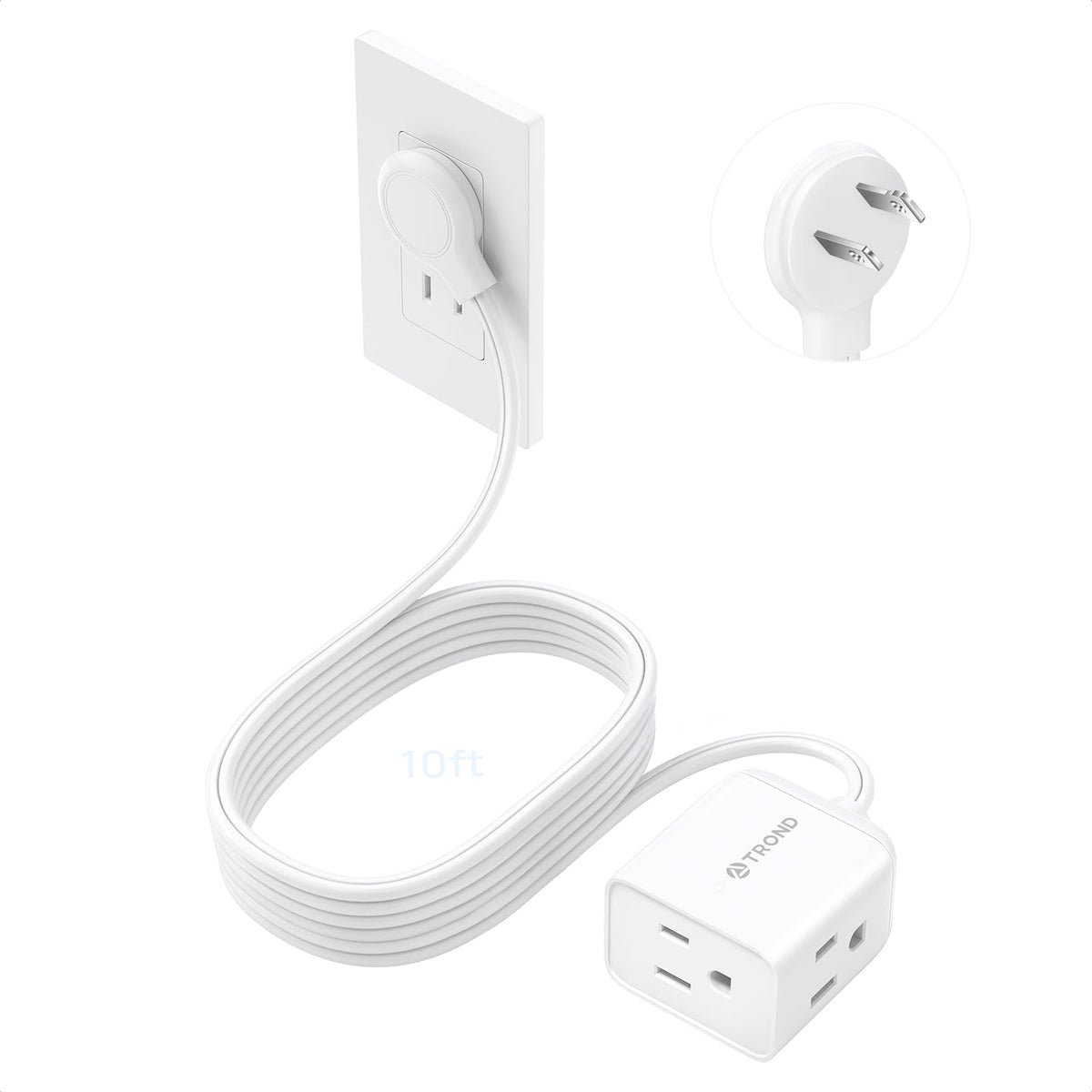 TROND Rightward Flat Plug Extension Cord 6ft for Small Tight Spaces, White