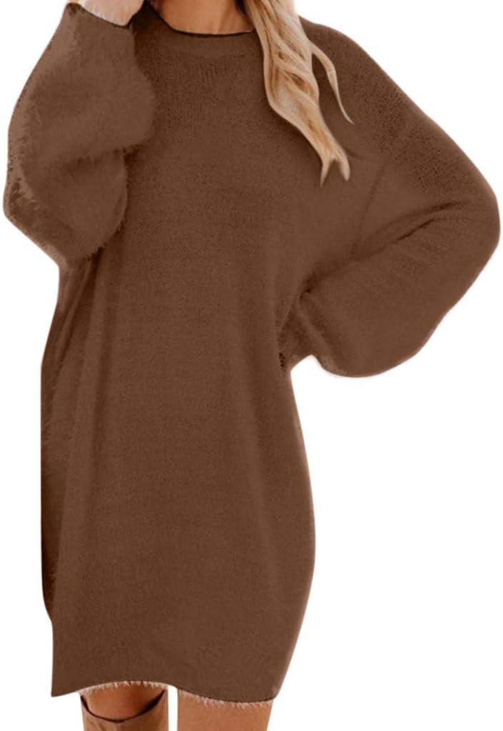 Winter Jumper Dresses for Women UK - Long Sleeve Autumn Casual Dress Ladies Plain Elegant Christmas Tunic Dresses with Pockets Knee Length Round Neck Fluffy Sweatshirt Comfy Pullover Sweater