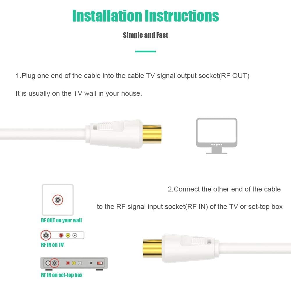 Ancable TV Aerial Cable with Coaxial Adapter 1M White TV Ariel Lead