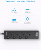 Black Extension Lead with 4 USB Slots(2 USB C), 4 Way Plug Extension Socket
