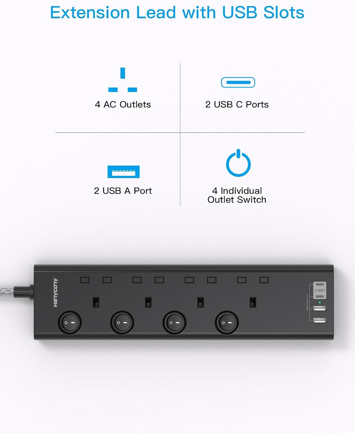 Black Extension Lead with 4 USB Slots(2 USB C), 4 Way Plug Extension Socket