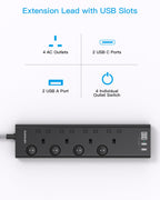 Extension Lead with USB Slots(2 USB C), 4 Way Plug Extension Socket, 1.8M