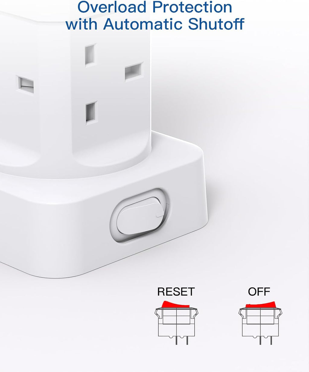 Tower Extension Lead with USB Slots, 8 Way Multi Plug Extension Tower &4USB