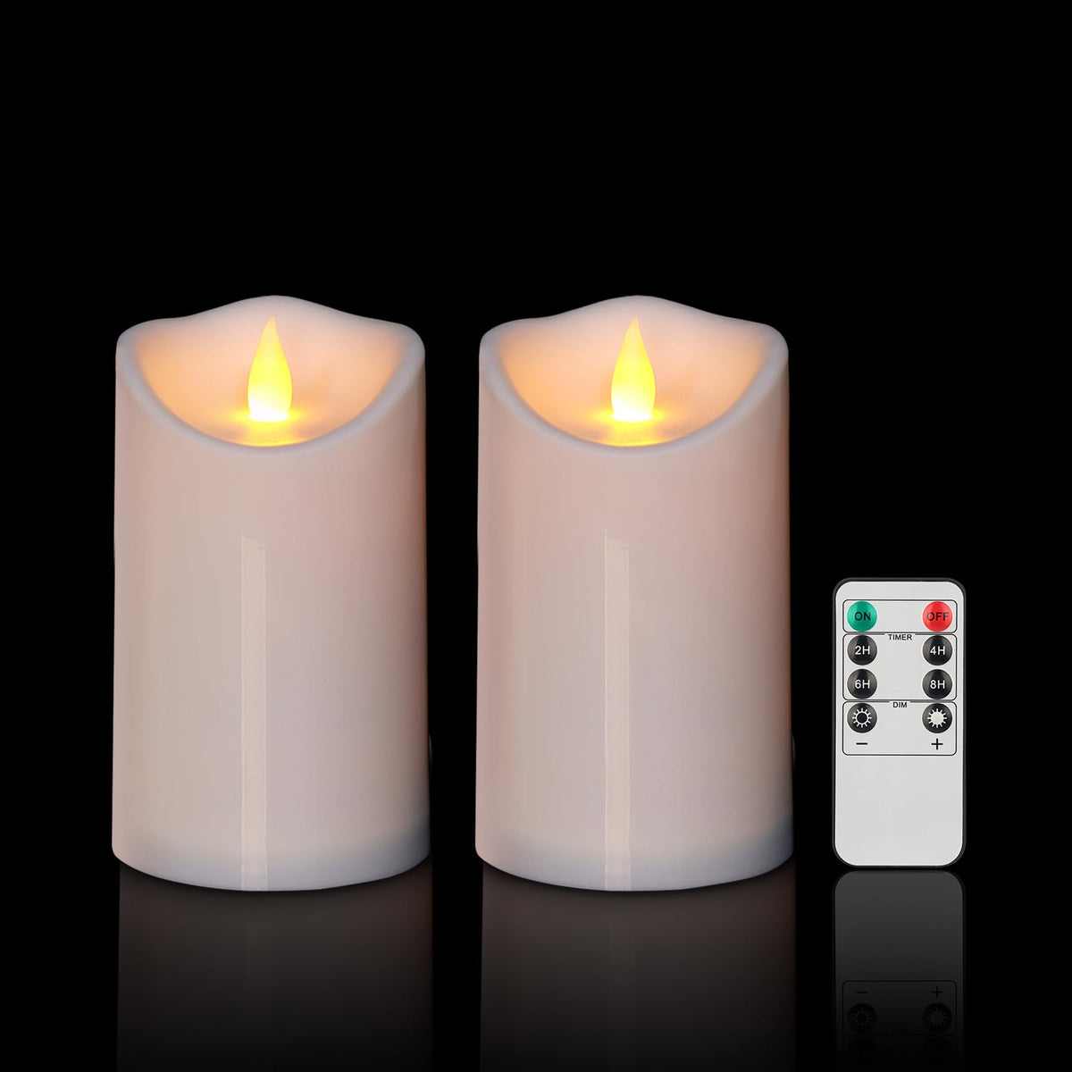 Outdoor Flameless Candles, Patented 3D Dual-LED, Set of 2 Slanted Plastic Pillars with Remote, Waterproof Non-Melting Battery Operated Decor for Bathroom Bedroom Gift, Black (D3 x H6)