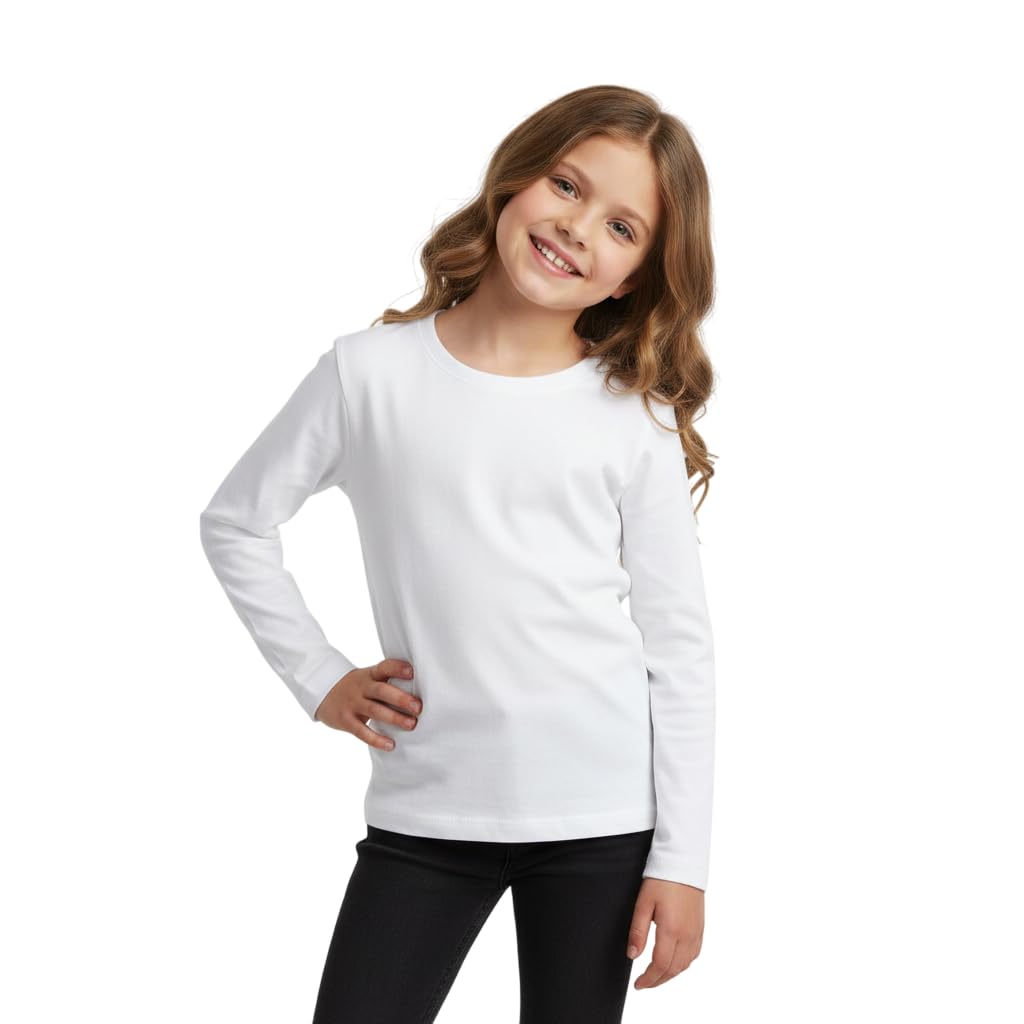 Kids Girls Boys New Plain Long Sleeve Basic Stretch Round Neck T-Shirt School Tee Top Size 2-13 Years