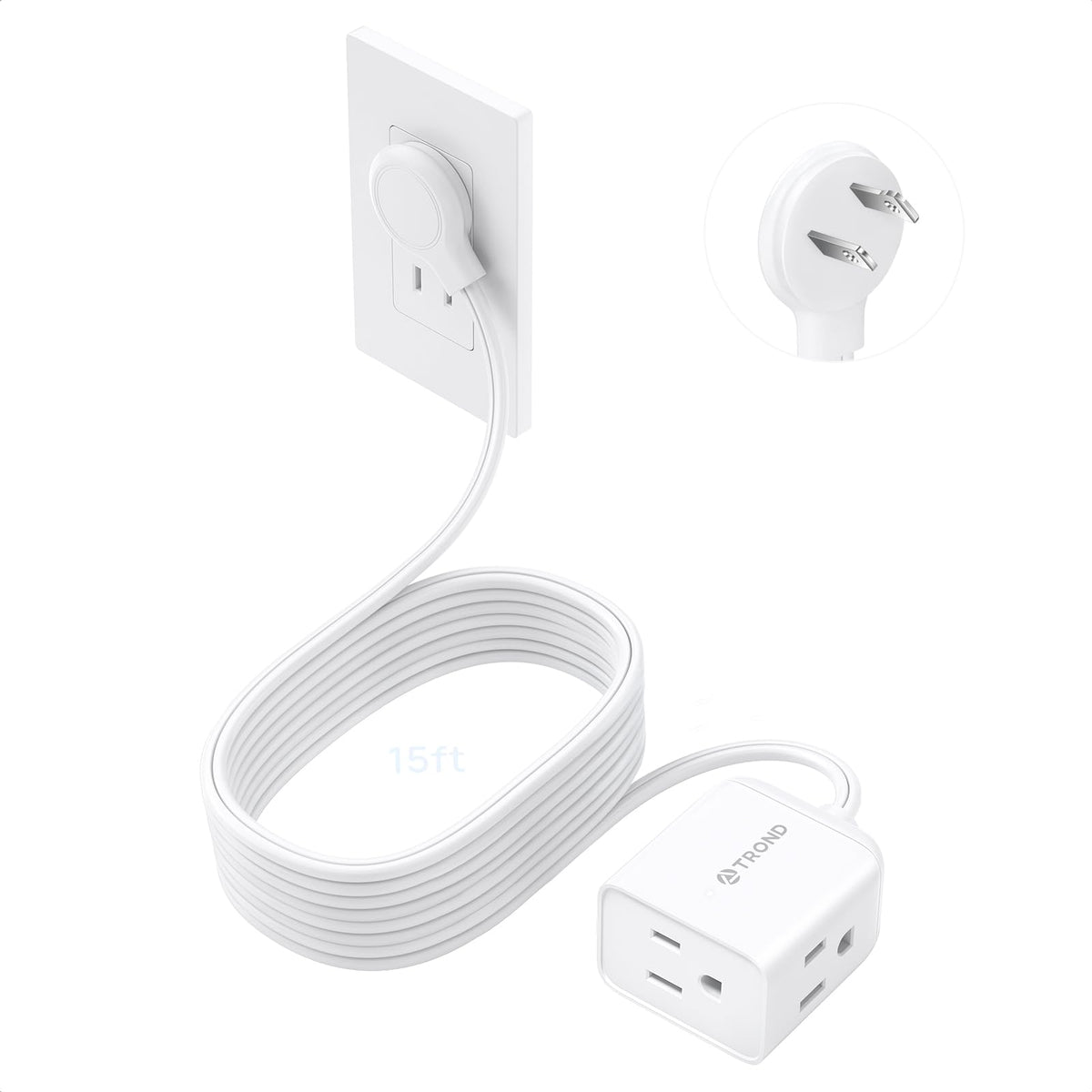 TROND Rightward Flat Plug Extension Cord 6ft for Small Tight Spaces, White