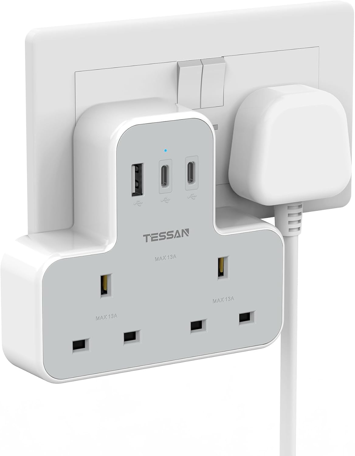 TESSAN USB Charger Plug Adapter UK (2 USB C), Double Plug Extension Socket