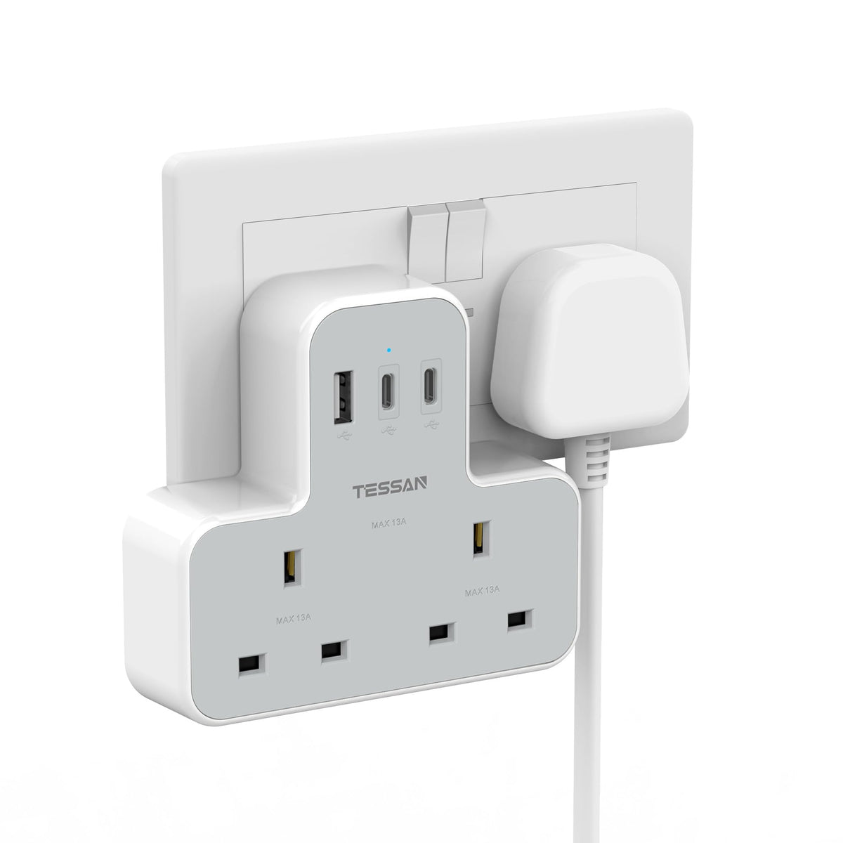 TESSAN Plug Adapter with 3 USB Ports, 2 Way MultiPlug Extension