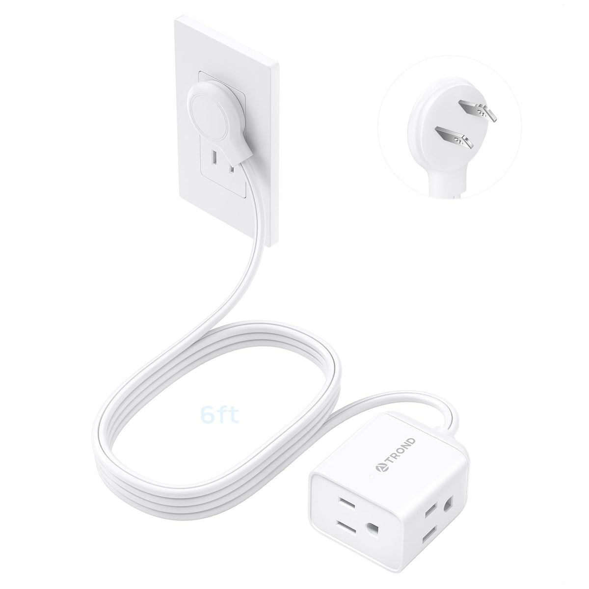 TROND Rightward Flat Plug Extension Cord 6ft for Small Tight Spaces, White