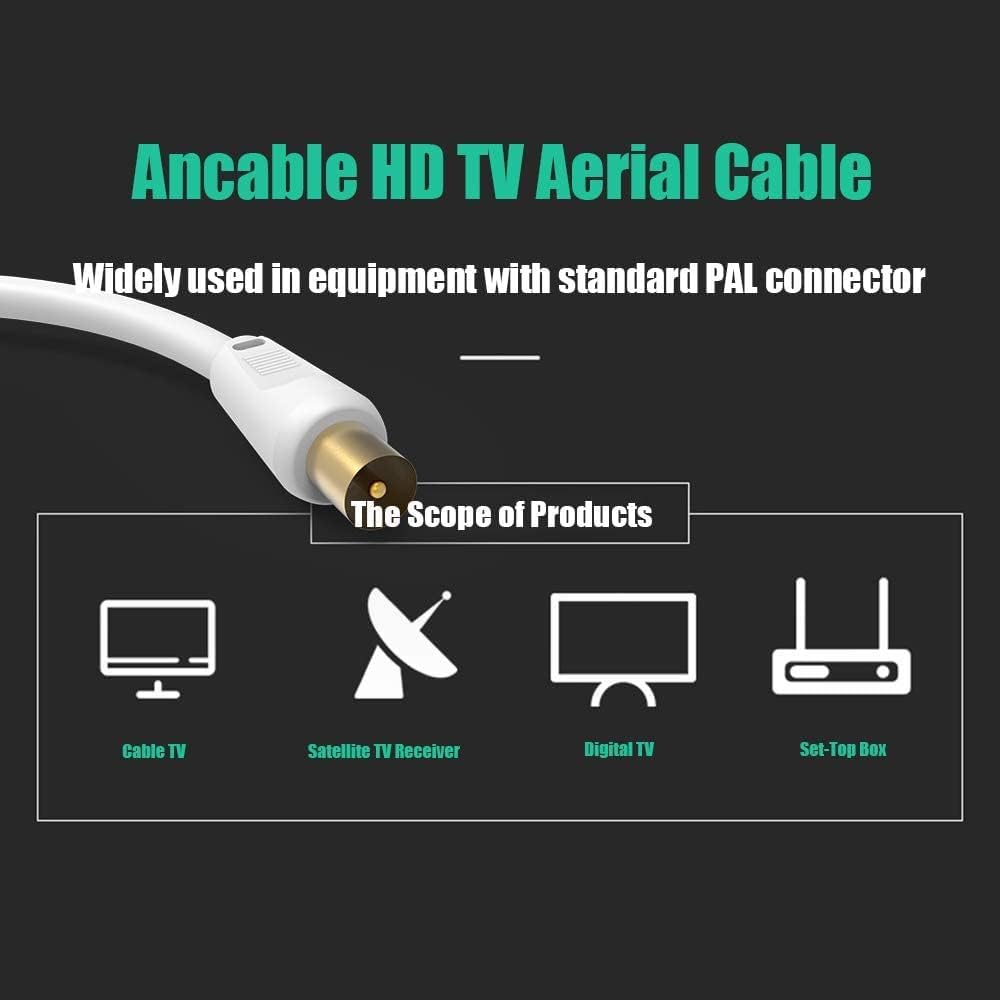 Ancable TV Aerial Cable with Coaxial Adapter 1M White TV Ariel Lead