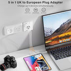 2 Pack UK To European Plug Adapter, 5 IN 1 European Travel Adaptor with 2 USB C & 2 USB A, EU Plug Adapter for Germany Spain France Turkey Greece etc (Type E/F)