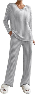 Lounge Wear Sets For Women Uk, Womens Pyjamas Set Long, Ladies Ribbed Loungewear Knit Outfits Womens Tracksuits 2 Piece Set V Neck Casual Casual Homewear