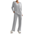 Lounge Wear Sets For Women Uk, Womens Pyjamas Set Long, Ladies Ribbed Loungewear Knit Outfits Womens Tracksuits 2 Piece Set V Neck Casual Casual Homewear