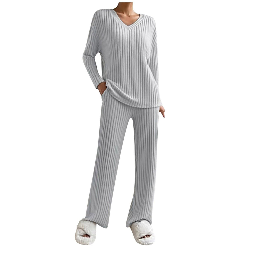 Lounge Wear Sets For Women Uk, Womens Pyjamas Set Long, Ladies Ribbed Loungewear Knit Outfits Womens Tracksuits 2 Piece Set V Neck Casual Casual Homewear