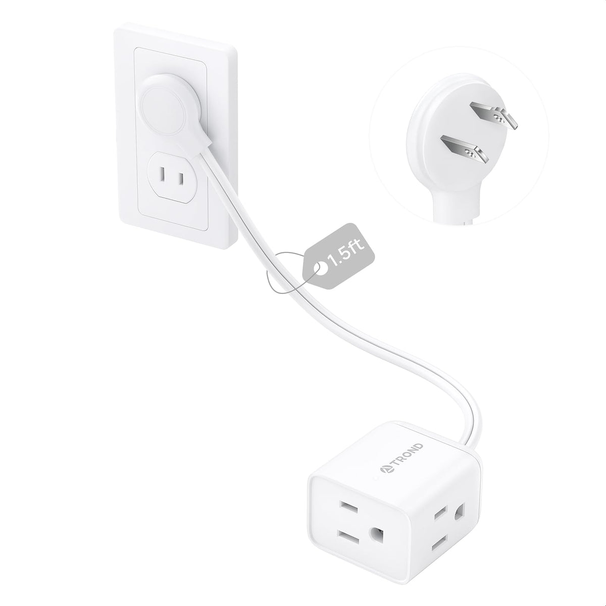 TROND Rightward Flat Plug Extension Cord 6ft for Small Tight Spaces, White