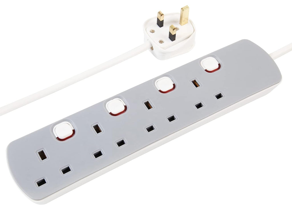 PRO ELEC PELB1768 4 Gang Individually Switched Extension Lead 10m, Grey, 4 Socket