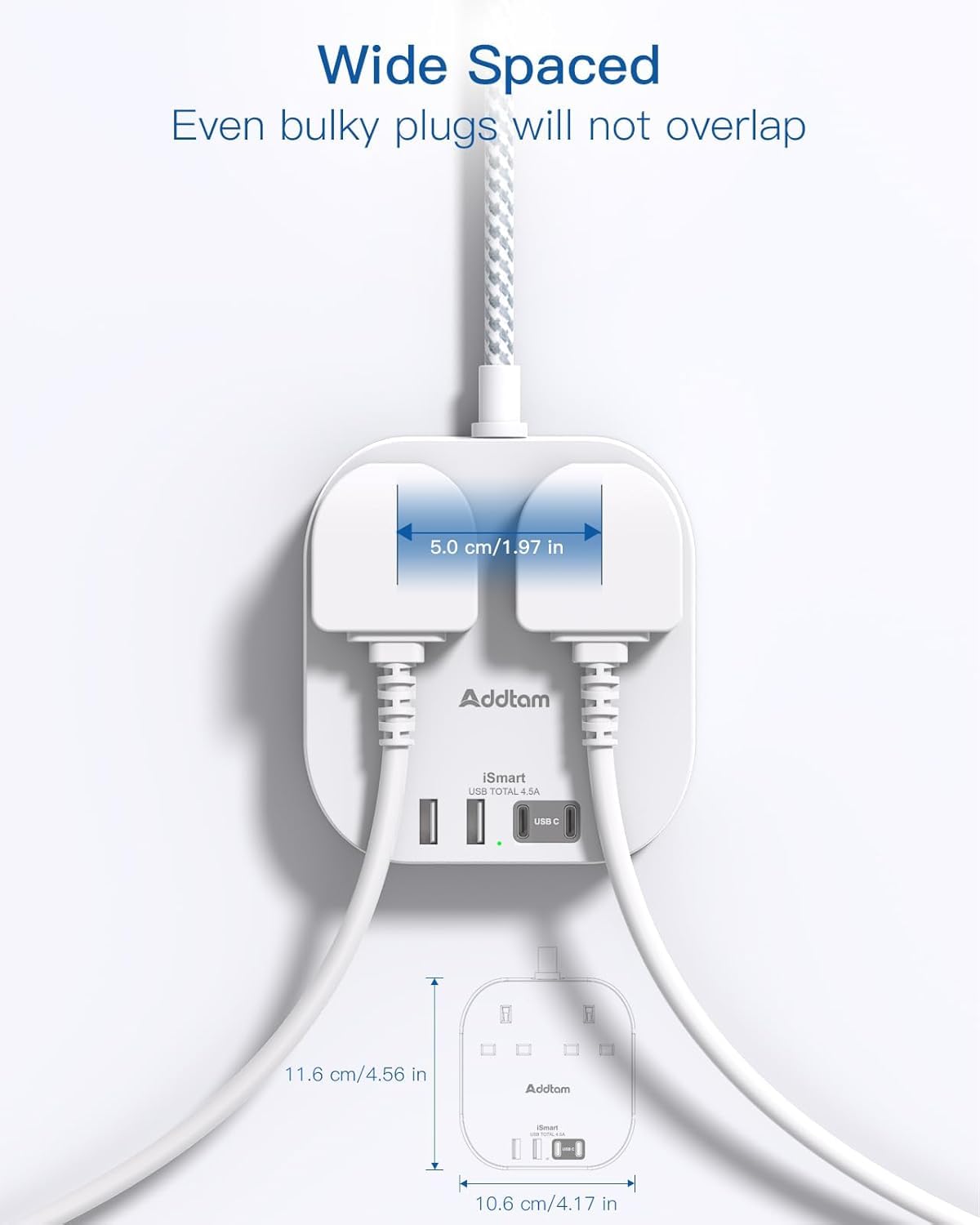 Addtam Extension Lead with USB Slots, Power Strips with 2 Way Outlets 4 USB