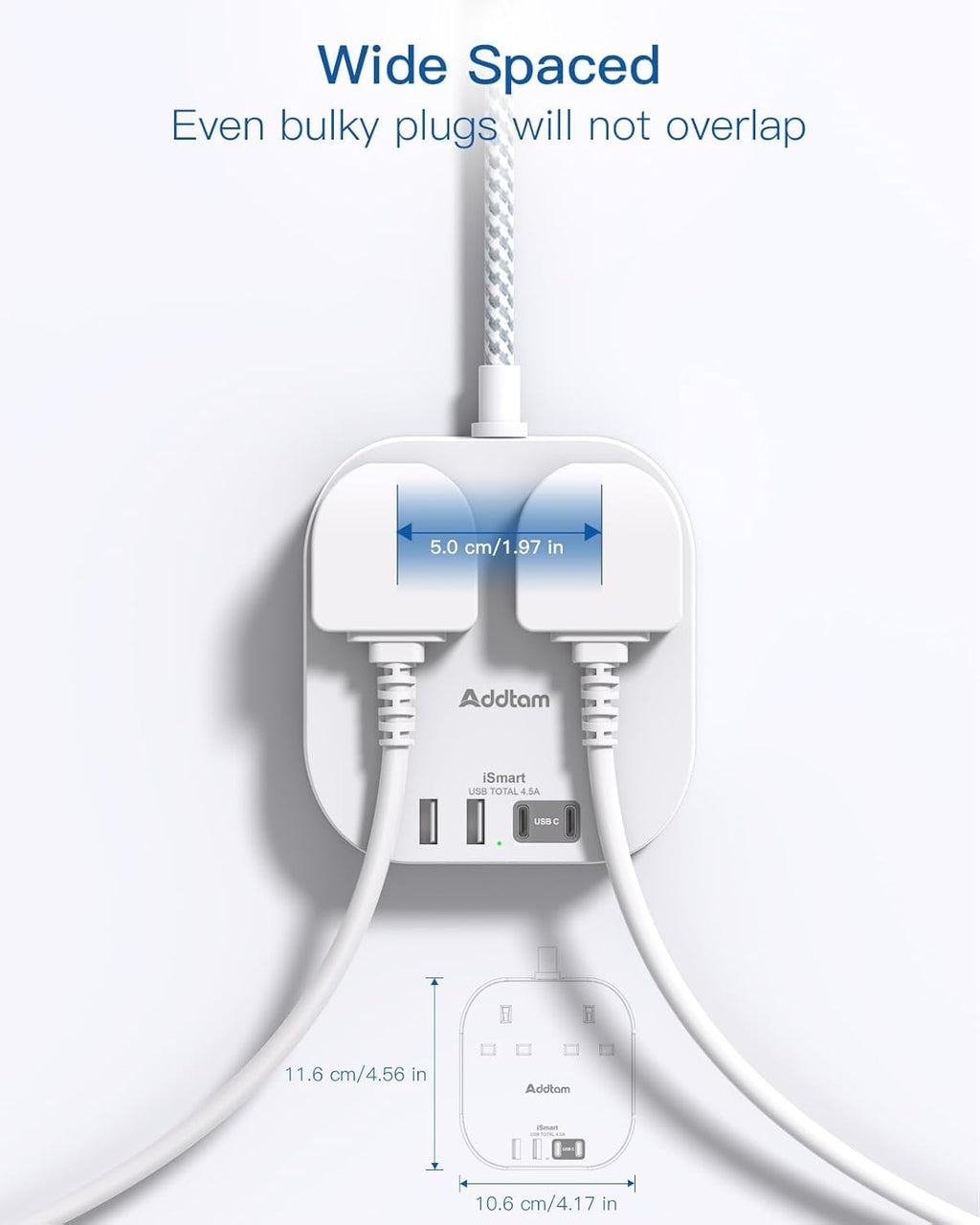 Addtam Extension Lead with USB Slots, Power Strips with 2 Way Outlets 4 USB