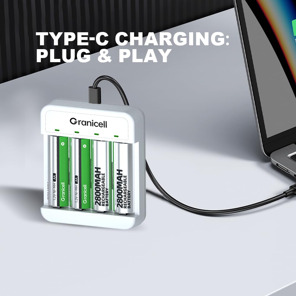 Granicell AA Rechargeable Batteries with Charger, 8 Slot Smart Battery Charger with 8 Pcs 2800mAh High Capacity NiMH AA Batteries, USB Smart Charging