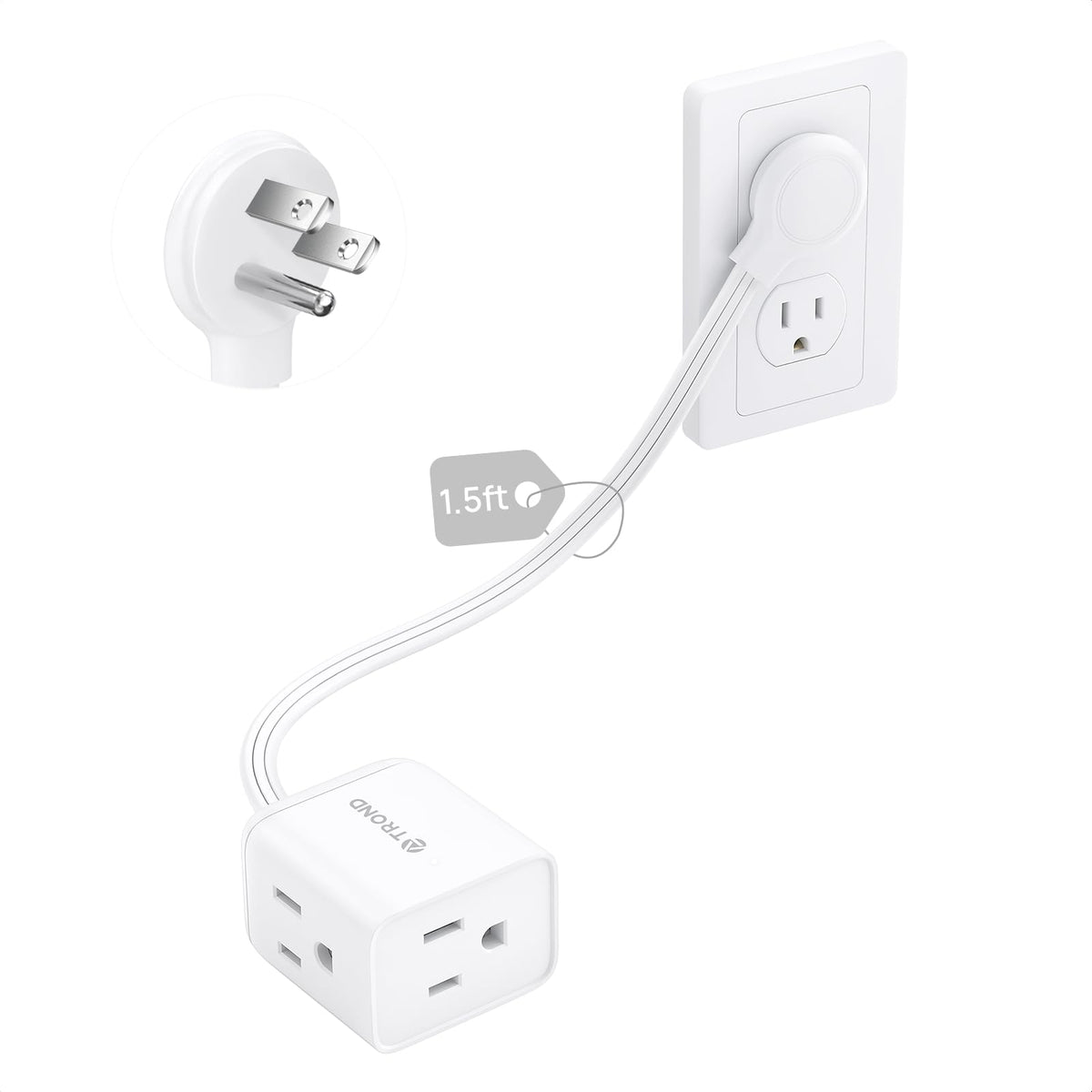 TROND Rightward Flat Plug Extension Cord 6ft for Small Tight Spaces, White