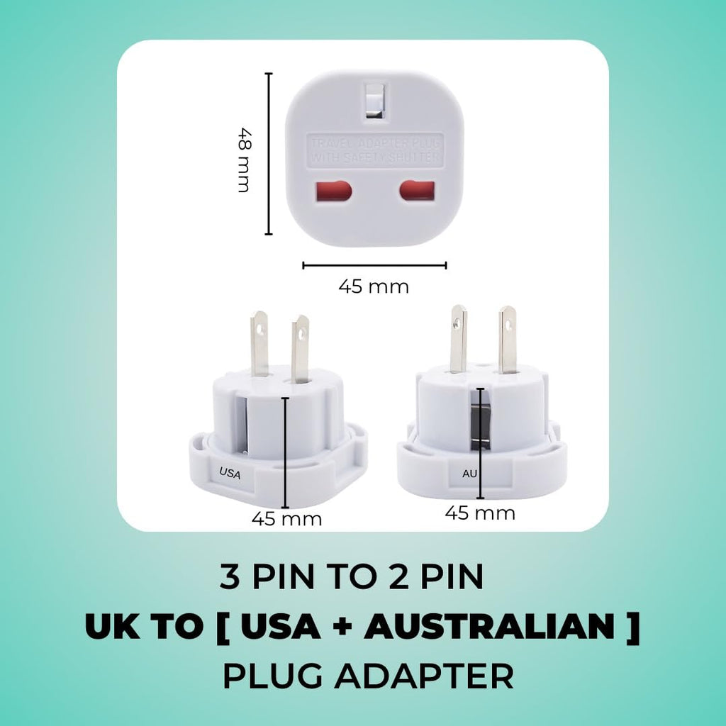 Double Dragon 2-Pack UK Electric Toothbrush & Shaver Plug Adapter | 2-Pin to 3-Pin Bathroom Converter | Supports UK EU Round & US Flat 2-Pin Plugs | 1A Fused | Compatible with Oral-B, Braun, Philips