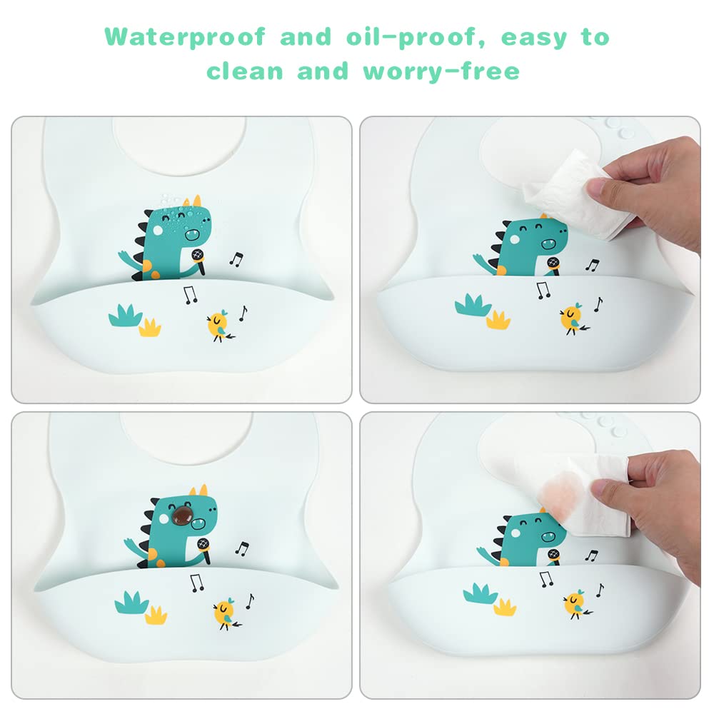 Vicloon Silicone Baby Bib, Baby Weaning Bibs, Waterproof Baby Feeding Bibs Adjustable with Wide Food Catcher Pocket Unisex Toddler Bibs