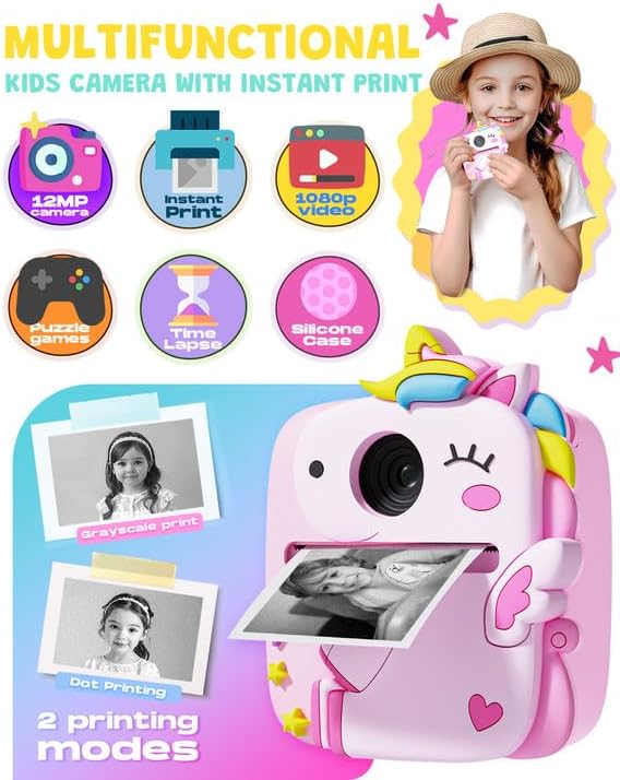 Kids Camera Instant Print,1080P Kids Digital Camera,Girls Gifts Toys Age 3+
